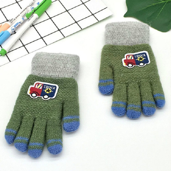 Cartoon Car Pattern Plus Velvet Thick Double Layer Warm Children Gloves Knitted Wool Finger Gloves(Army Green)