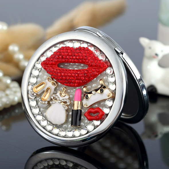 Handmade DIY Diamond Mini Portable Folding Double-side Face Makeup Mirror Red Lips Lipstick Mirror
