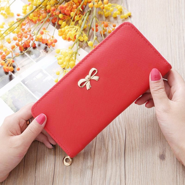 Women Long Wallet Zipper Phone Bag Korean Bow Multi-card Purse(Rose Red)