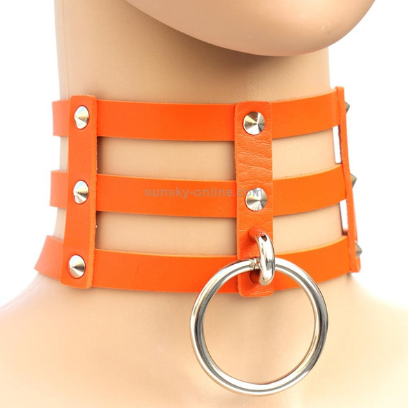 Harajuku Fashion Punk Gothic Rivets Collar Hand 3-rows Caged Leather Collar Necklace(Orange)