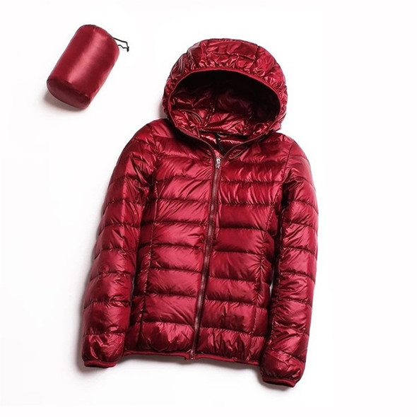 Casual Ultra Light White Duck Down Jacket Women Autumn Winter Warm Coat Hooded Parka, Size:XXXL(Wine Red)