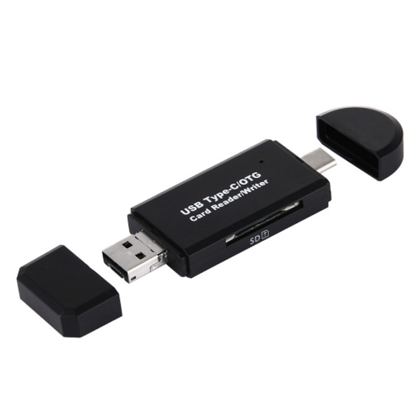 3 in 1 USB-C / Type-C 3.1 to USB 2.0 + Micro USB + SD(HC) + Micro SD Card Reader Adapter with OTG Function for Macbook / Google Chromebook / Nokia N1 / Letv(Black)