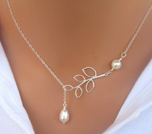 Women Fashion Lovely Chic Long Silver Sweater Chain Pendant Necklaces(Leaf and pearl)