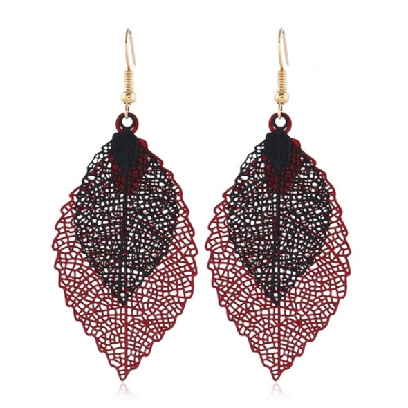 Double-layered Leaves Tassel Earrings Simple Retro Metal Leaf-ears Ornaments(Red Black)