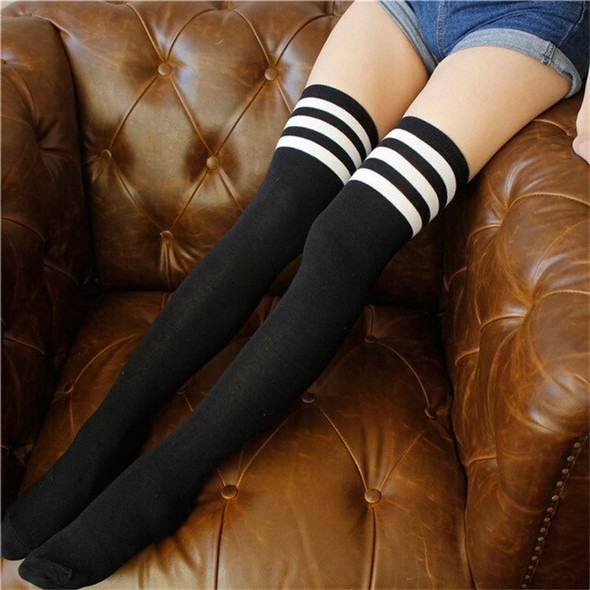 Black White Striped College Style Long Socks Thigh Socks One Size(Black)