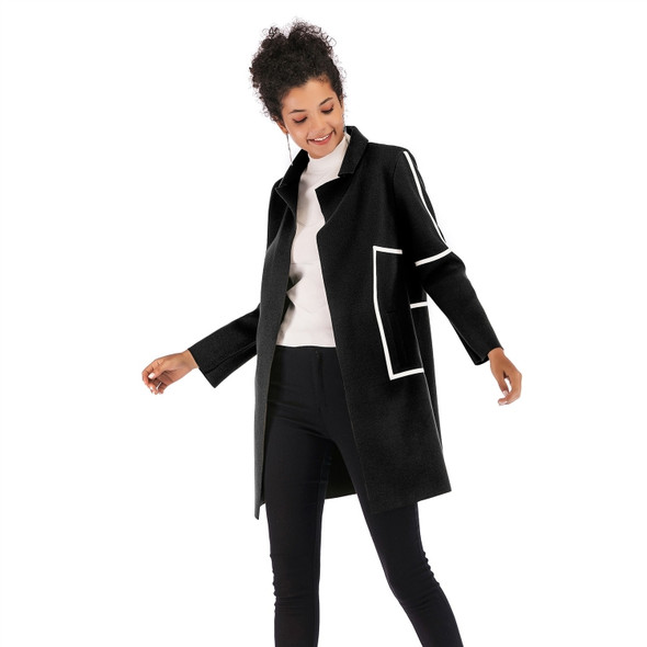 Contrast Thickened Woolen Coat Lapel for Women (Color:Black Size:M)
