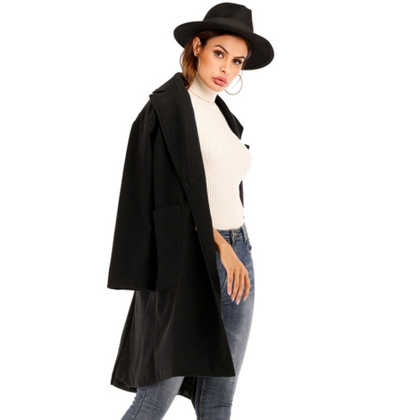 Women Solid Color Long Sleeve Woolen Coat (Color:Black Size:M)