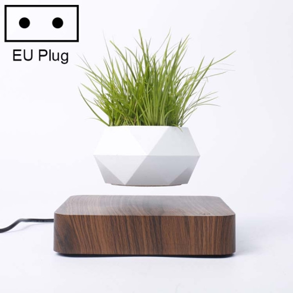 Diamond Plastic Flower Pot + Dark Wood Grain Base Magnetic Levitation Potted Plant Home Decoration, EU Plug