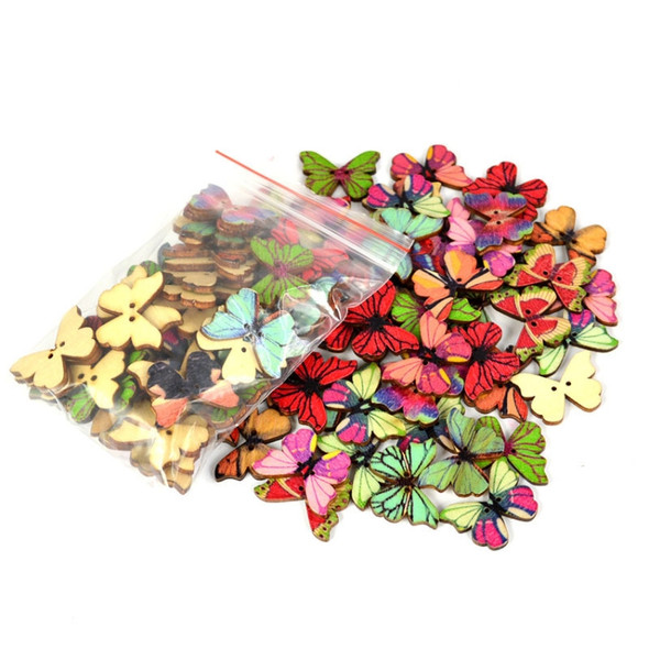 50 in 1 Vintage Environmentally Friendly Hand-painted Wooden Butterfly Shape Button, Random Style Delivery, Size:28mm