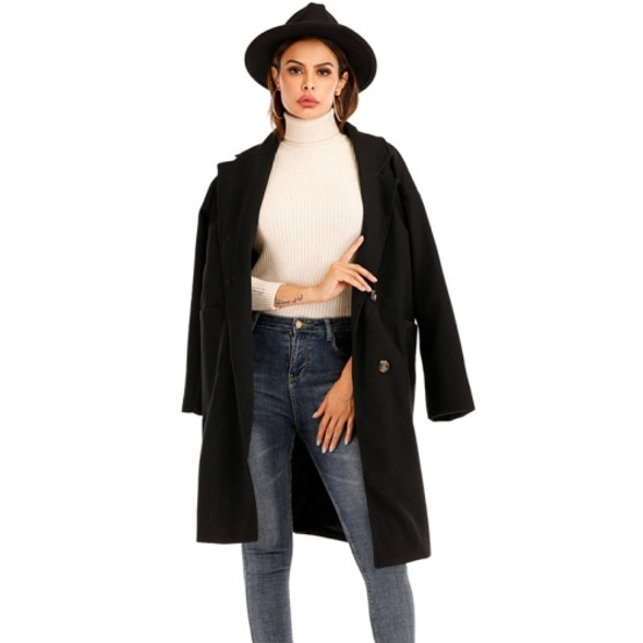 Women Solid Color Long Sleeve Woolen Coat (Color:Black Size:XL)