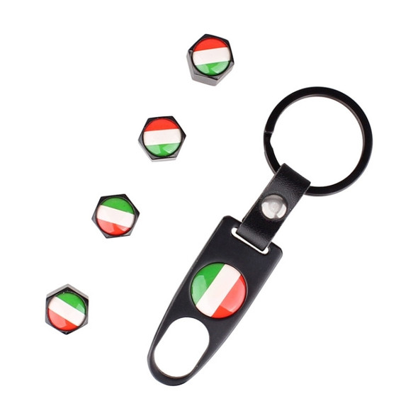 Universal 8mm Italy Flag Pattern Replacement Aluminum Alloy Car Tire Valve Caps + Key Ring Set