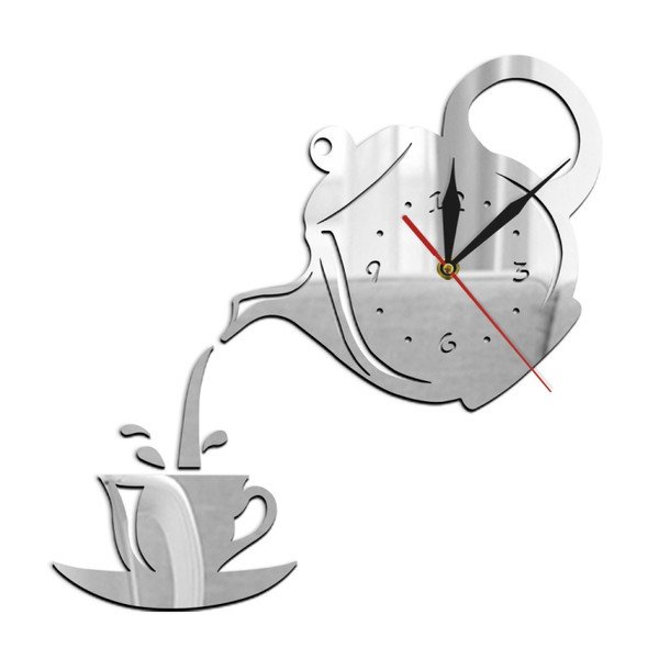 2 PCS Creative DIY Acrylic Coffee Cup Teapot 3D Wall Clock Decorative Kitchen Wall Clocks Living Room Dining Room Home Decor Clock(Sliver)