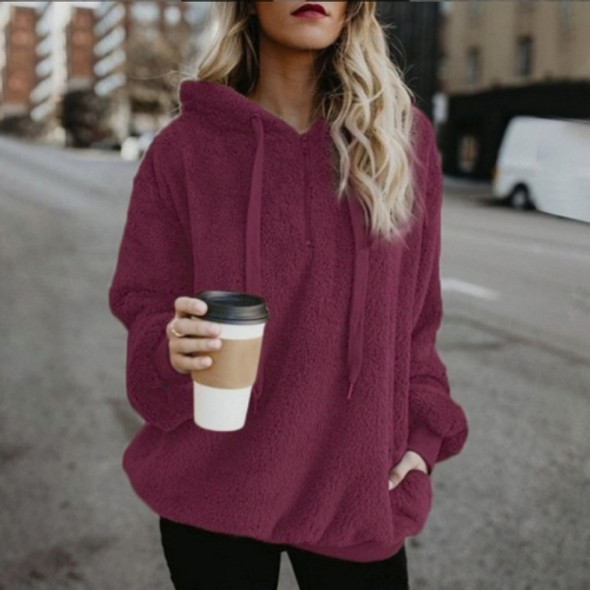 Long-sleeved Hooded Solid Color Women Sweater Coat (Color:Wine Red Size:XXL)