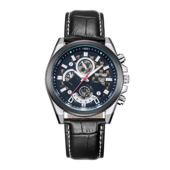 WeiYaQi 89032 Fashion Quartz Movement Wrist Watch with Leather Band(Black + Dark Blue)