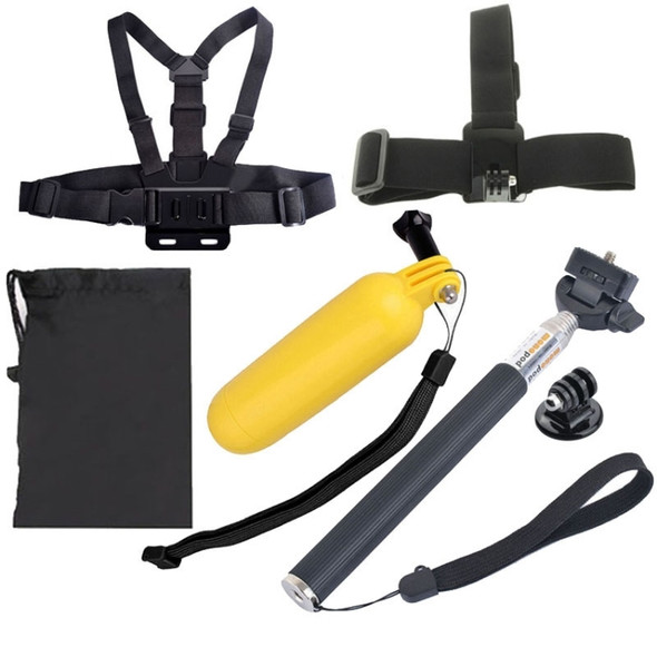 YKD-127 6 in 1 Chest Belt + Head Strap + Floating Bobber Monopod + Monopod Tripod Mount Adapter +  Carry Bag Set for GoPro HERO7 /6 /5 /5 Session /4 Session /4 /3+ /3 /2 /1, Xiaoyi and Other Action Cameras