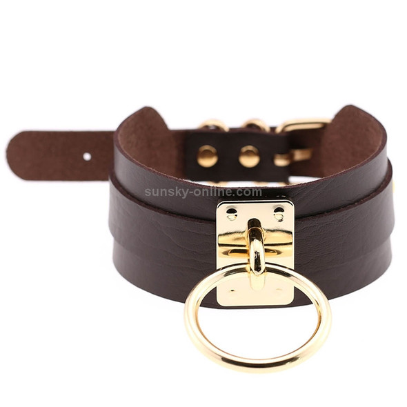 European and American Harajuku PU Leather Gold Single Ring Collar Wide Street-Snap Nightclub O-shaped Choker Necklace(Coffee)