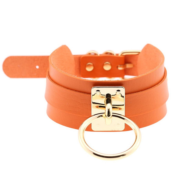 European and American Harajuku PU Leather Gold Single Ring Collar Wide Street-Snap Nightclub O-shaped Choker Necklace(Orange)