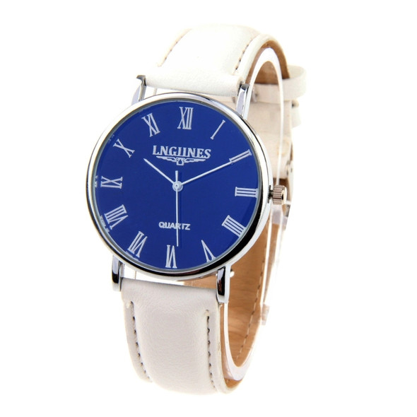 Luminous Round Dial Retro Digital Display Men Quartz Watch with PU Leather Band (White + Blue)