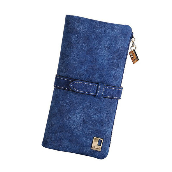 Fashion Women Wallets Drawstring Nubuck Leather Zipper Wallet Women&#39;s Long Design Purse Two Fold Bag(Blue)