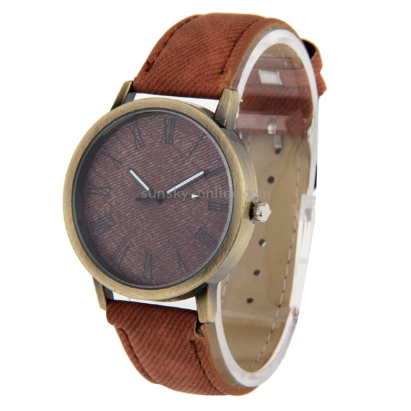 Denim Texture Style Round Dial Retro Digital Display Women & Men Quartz Watch with PU Leather Band(Brown)