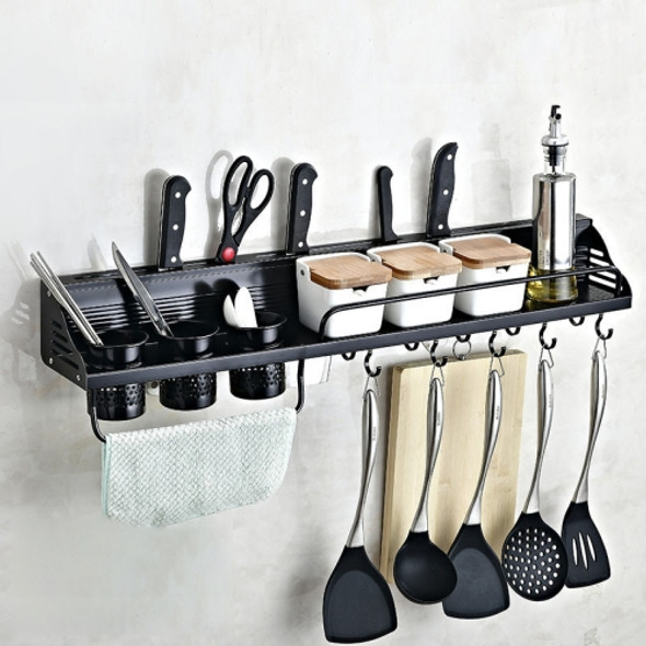 A Version 80cm 3 Cups 10 Hooks Kitchen Multi-function Wall-mounted Condiment Holder Storage Rack (Black)