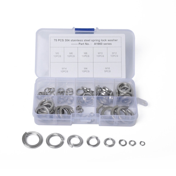 75 PCS Stainless Steel Spring Lock Washer Assorted Kit M4-M16 for Car / Boat / Home Appliance