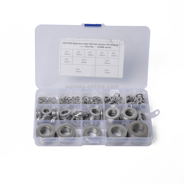 325 PCS Round Shape Stainless Steel Flat Washer Assorted Kit M2-M16 for Car / Boat / Home Appliance