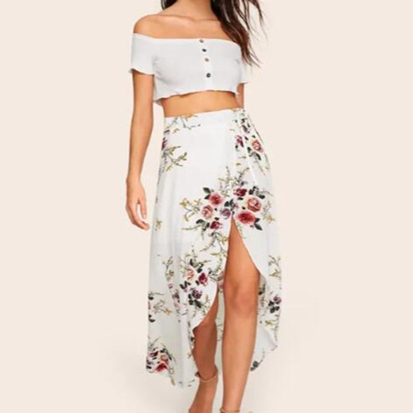 Summer Print One-piece Dress Skirts (Color:White Size:L)