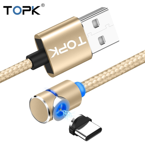 TOPK 1m 2.4A Max USB to USB-C / Type-C 90 Degree Elbow Magnetic Charging Cable with LED Indicator(Gold)