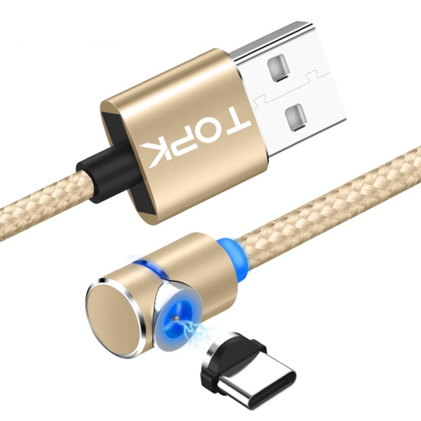 TOPK 1m 2.4A Max USB to USB-C / Type-C 90 Degree Elbow Magnetic Charging Cable with LED Indicator(Gold)