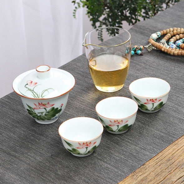 5 in 1 Hand-painted Outdoor Portable Travel Storage Teapot Kungfu Cup Tea Set(Lotus)