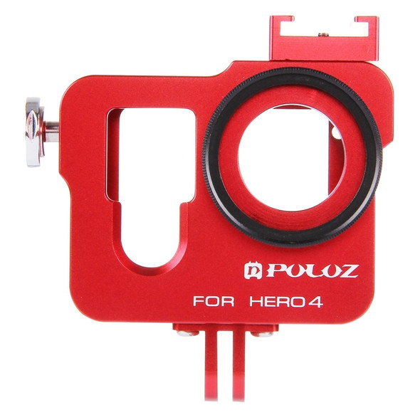PULUZ Housing Shell CNC Aluminum Alloy Protective Cage with Insurance Frame & UV Lens & Lens Cap for GoPro HERO4(Red)