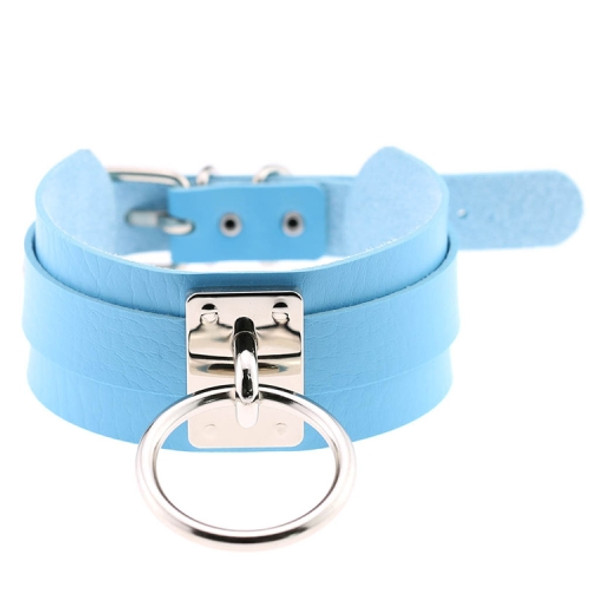 European and American Harajuku PU Leather Silver Single Ring Collar Wide Street-Snap Nightclub O-shaped Choker Necklace(Baby Blue)