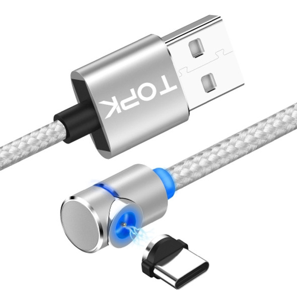 TOPK 2m 2.4A Max USB to USB-C / Type-C 90 Degree Elbow Magnetic Charging Cable with LED Indicator(Silver)