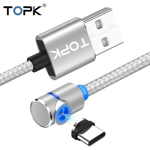 TOPK 2m 2.4A Max USB to USB-C / Type-C 90 Degree Elbow Magnetic Charging Cable with LED Indicator(Silver)