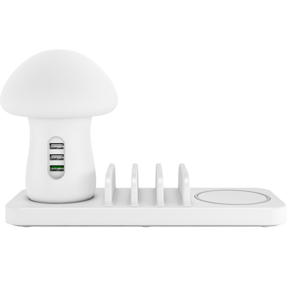 HQ-UD12 Universal 4 in 1 40W QC3.0 3 USB Ports + Wireless Charger Mobile Phone Charging Station with Mushroom Shape LED Light, Length: 1.2m, EU Plug(White)