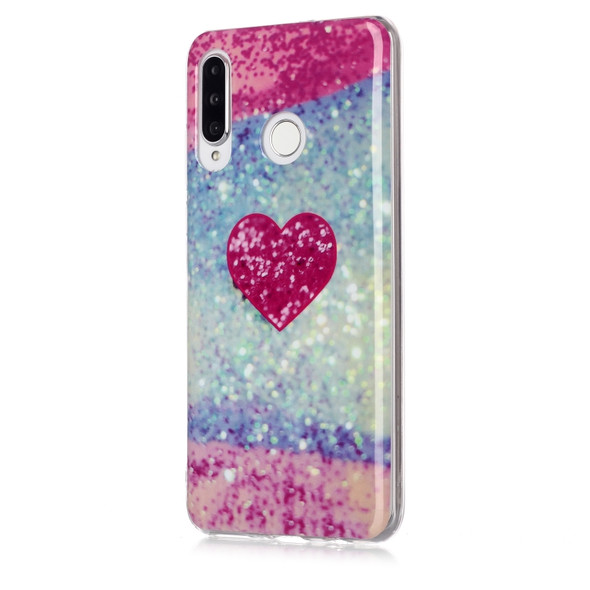 For Huawei P30 Lite Coloured Drawing Pattern IMD Workmanship Soft TPU Protective Case(Red Heart)