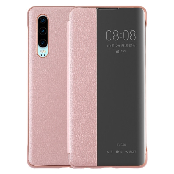 Litchi Texture PC + PU Horizontal Flip Case for Huawei P30, with Touch Call Display ID&Sleep/Wake-up Function (Pink)