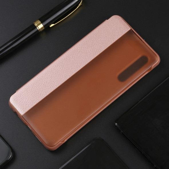 Litchi Texture PC + PU Horizontal Flip Case for Huawei P30, with Touch Call Display ID&Sleep/Wake-up Function (Pink)