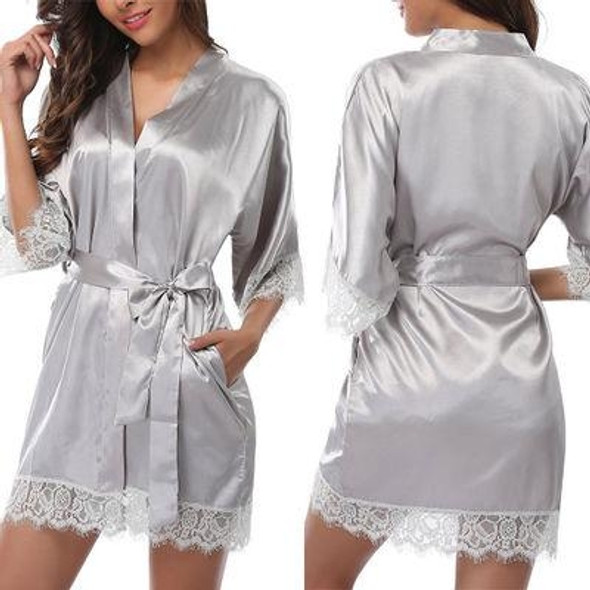 Half Sleeve Robe Women Faux Silk Pajama Sexy Night Dress, Size:L(Gray)