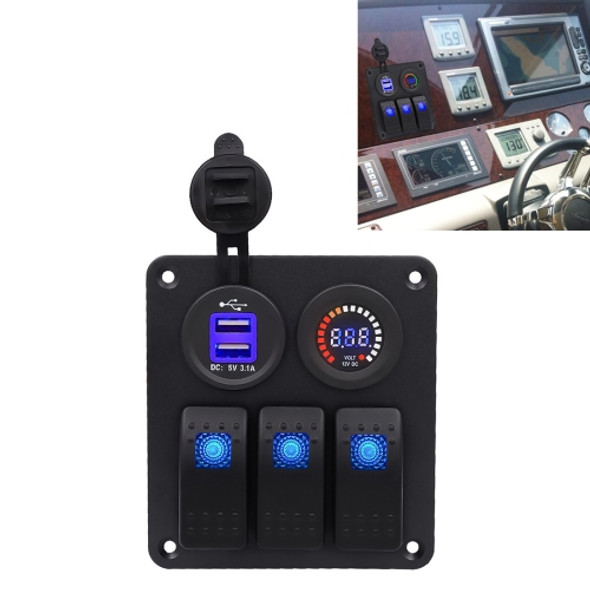 3Pin Multi-function Combination Switch Panel Colorful Voltmeter + Single Light 3 Way Switches + Dual USB Charger for Car RV Marine Boat