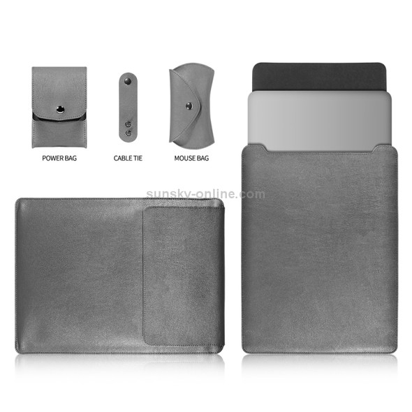 4 in 1 Laptop PU Leather Bag + Power Bag + Cable Tie + Mouse Bag for MacBook 13 inch (Grey)