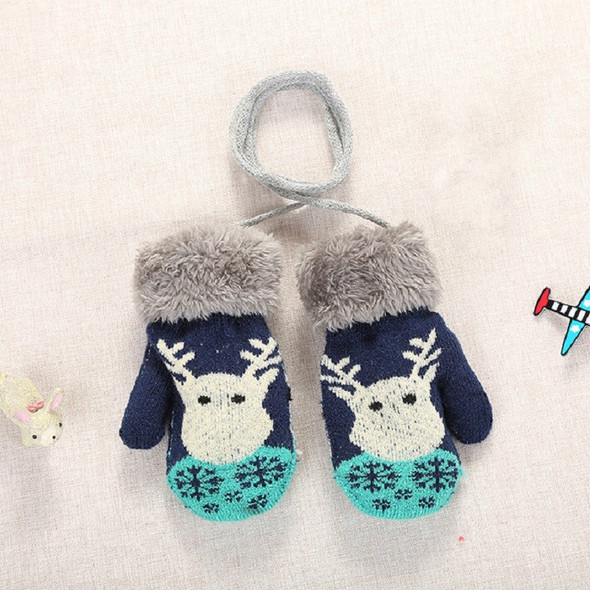 Dark Blue Cute Elk Pattern Winter Double-layer Plus Velvet Outdoor Cold-proof Children Gloves, Size:14 x 8cm