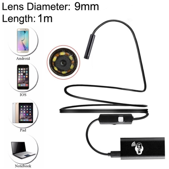 1.0MP HD Camera 30m Wireless Distance Metal WiFi Box Waterproof IPX67 Endoscope Snake Tube Inspection Camera with 6 LED for Android & iOS, Length: 1m, Lens Diameter: 9mm(Black)