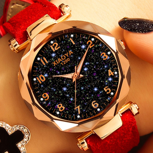 XIAOYA Fashion Women Star Sky Dial PU Leather Belt Quartz Wrist Watches(Red)