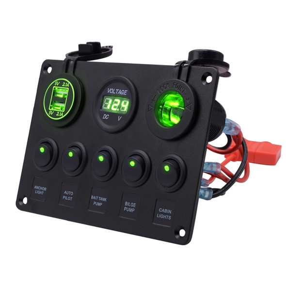 Multi-function Combination Switch Panel Voltmeter + Cigarette Lighter Socket + 5 Way Switches + Dual USB Charger  for Car RV Marine Boat(Green Light)
