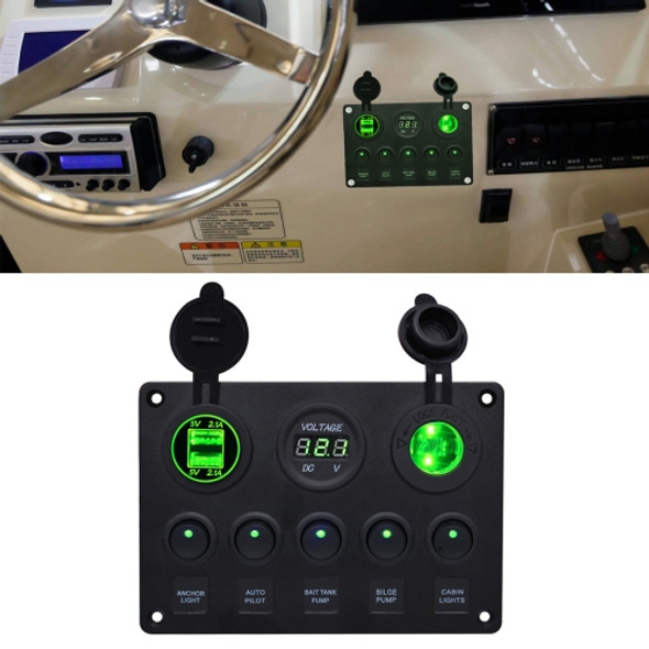 Multi-function Combination Switch Panel Voltmeter + Cigarette Lighter Socket + 5 Way Switches + Dual USB Charger  for Car RV Marine Boat(Green Light)