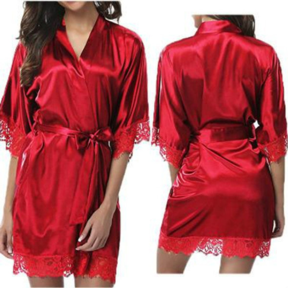 Half Sleeve Robe Women Faux Silk Pajama Sexy Night Dress, Size:S(Red)