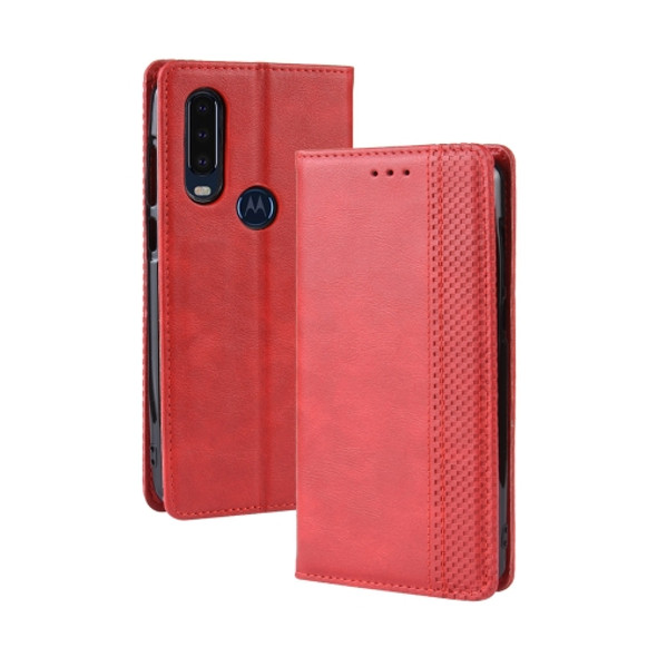 Magnetic Buckle Retro Crazy Horse Texture Horizontal Flip Leather Case for Motorola One Action, with Holder & Card Slots & Photo Frame(Red)