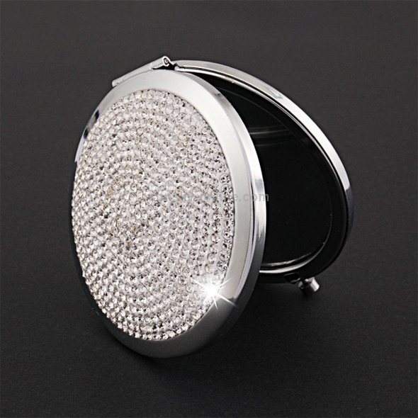 Diamond-encrusted Metal Double Side Folding Mini Portable Round Small Makeup Mirror(White )